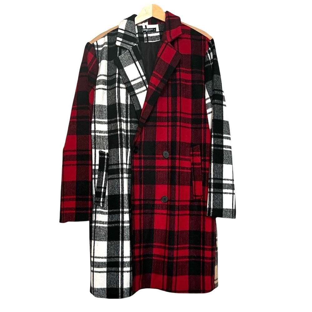 Roku Studio Colorblock patchwork plaid red Black Tan Wool Blend Pea Coat Men XL